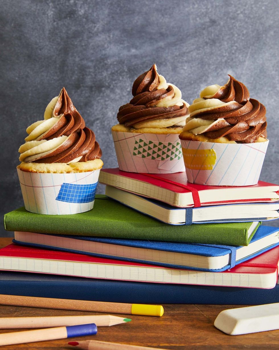 chocolate chunk cupcakes with swirled frosting