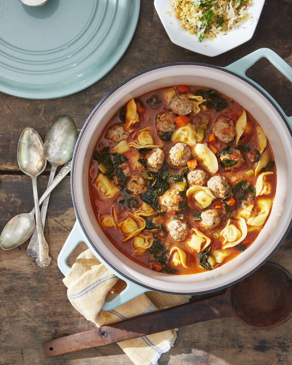 tortellini meatball soup with crispy panko topping